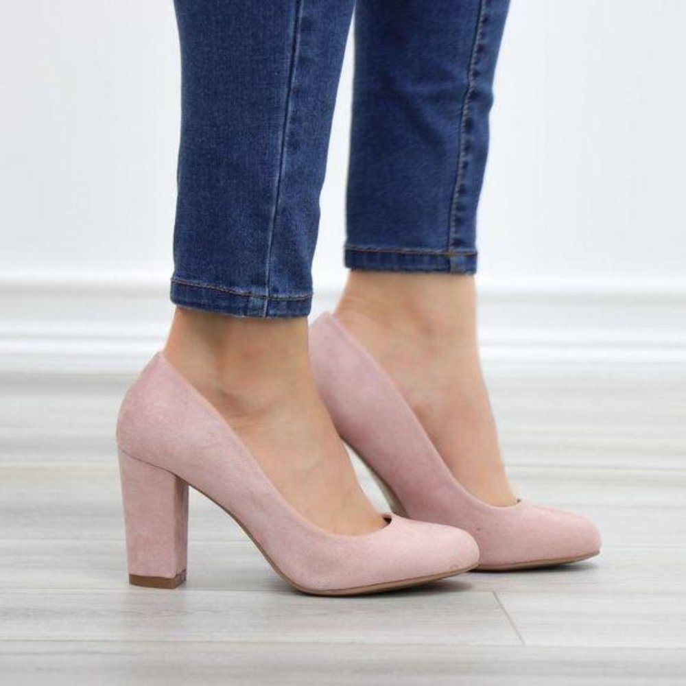 Rose Faux Suede Slip On Block High Heel Pumps - Picture 8 of 10